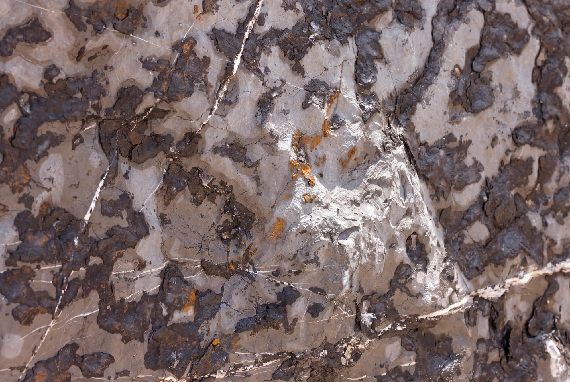 Macro detail of Pietra Grey marble — a thick, locally cut slab with a custom natural finish; grey stone veined with white quartz and rust