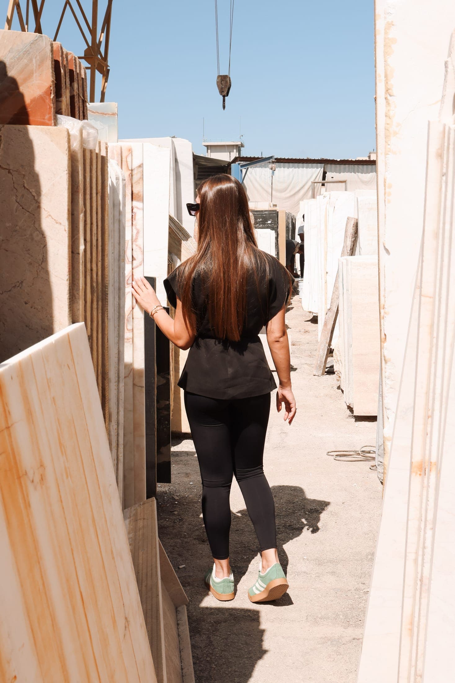 Walking the slab racks at the Zein Group stone yard, Beirut